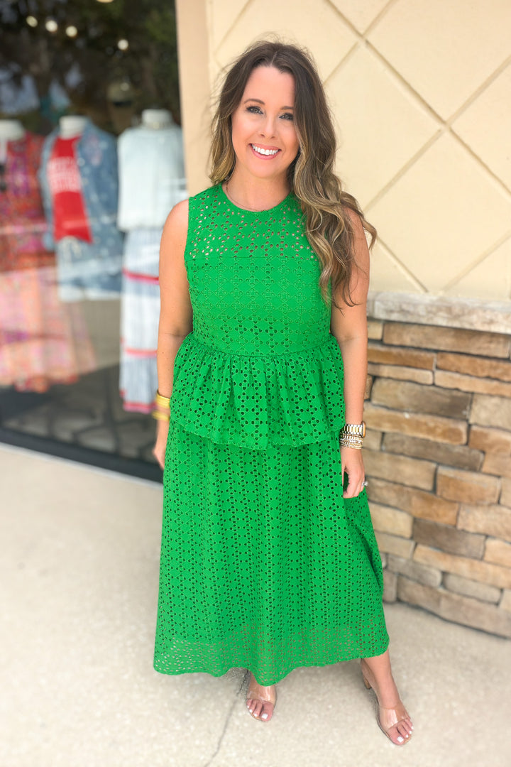 Forever Chic Eyelet Peplum Midi - Green