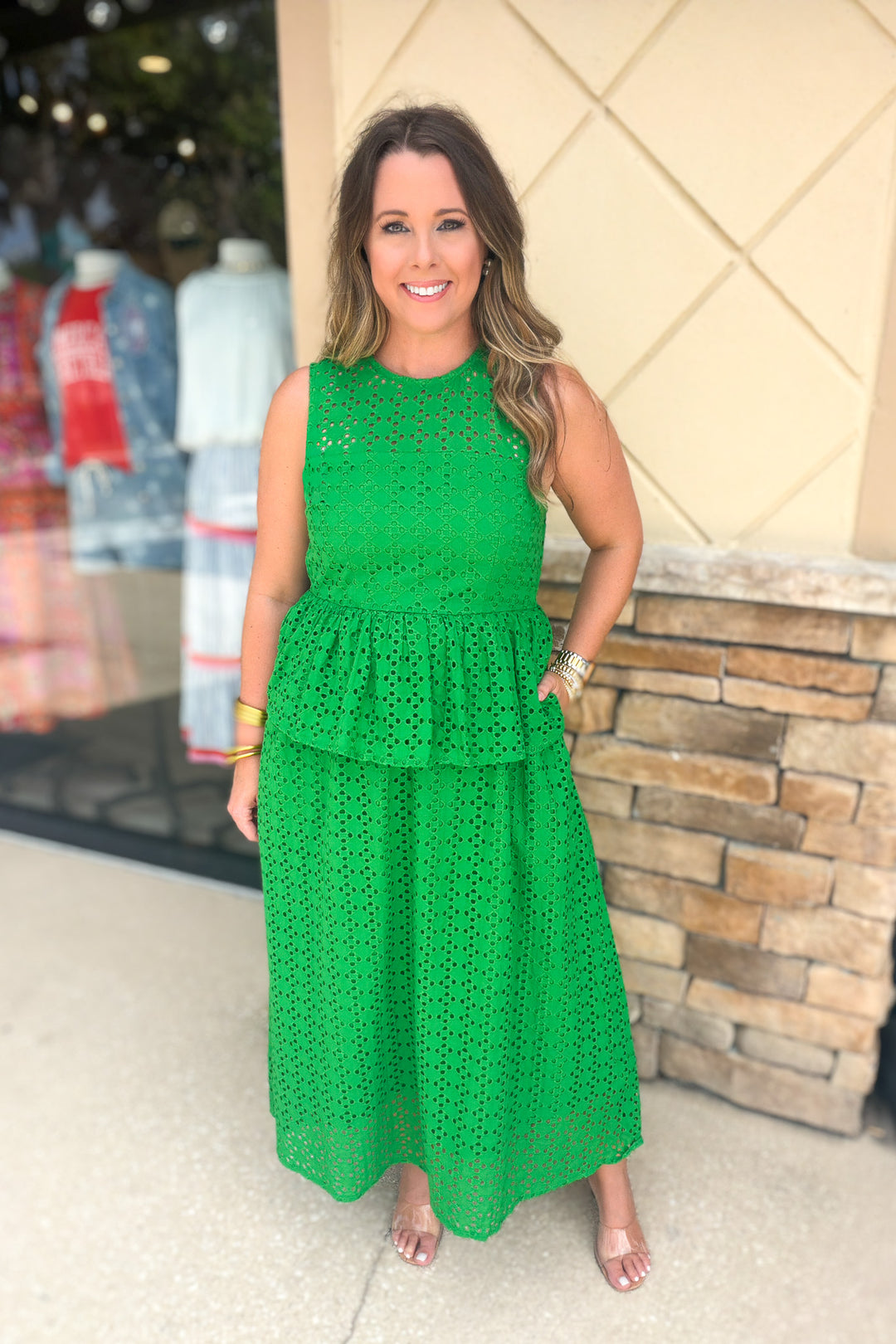 Forever Chic Eyelet Peplum Midi - Green