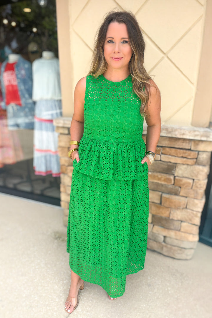 Forever Chic Eyelet Peplum Midi - Green