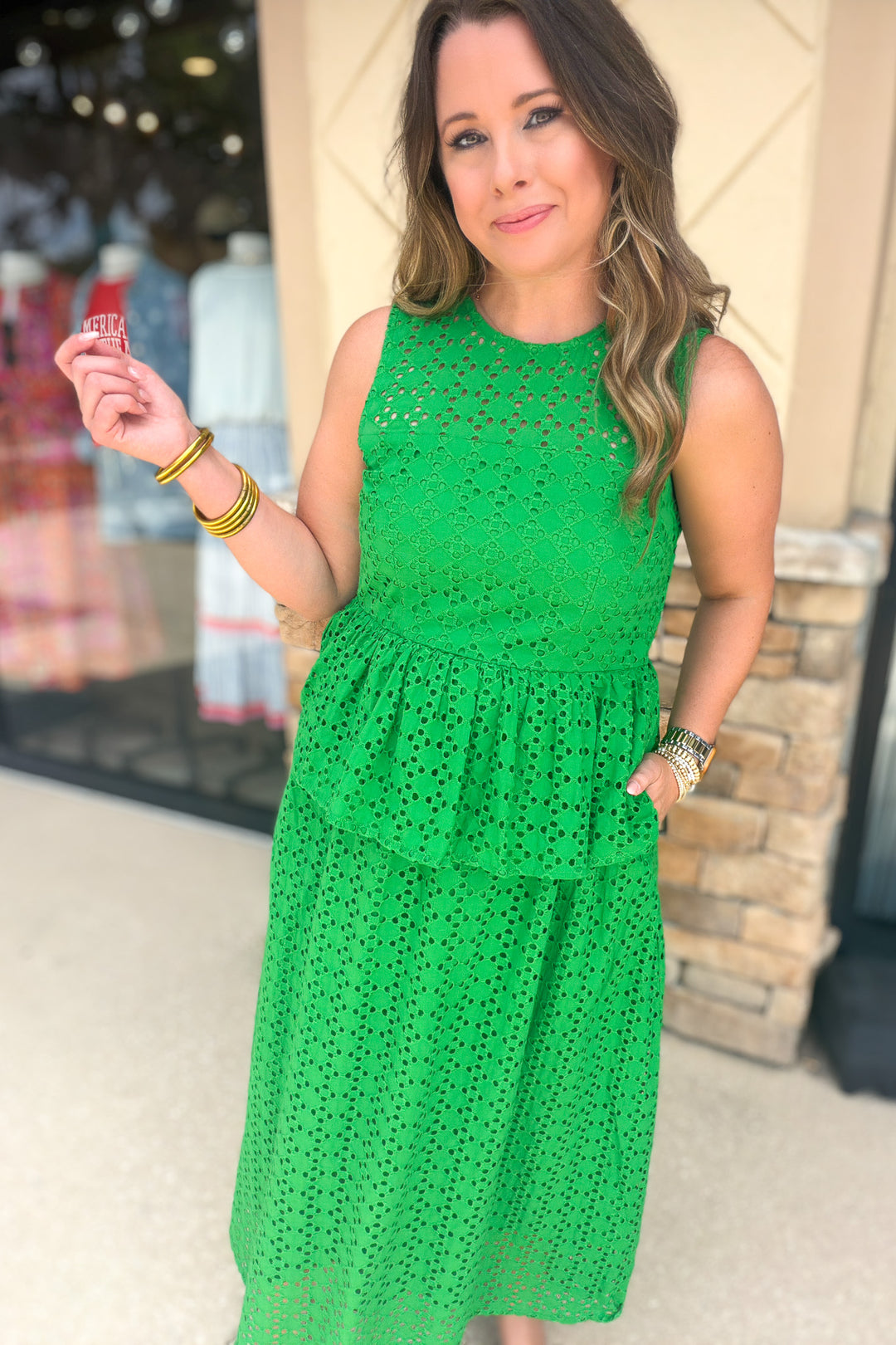 Forever Chic Eyelet Peplum Midi - Green