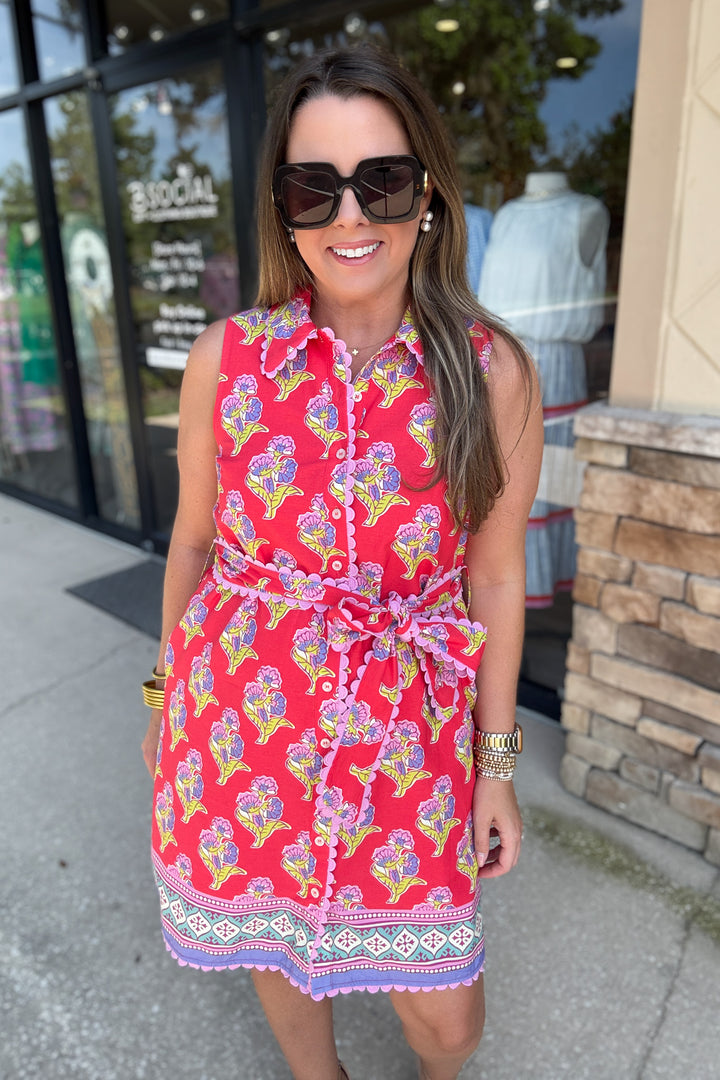Sunset Bloom Shirt Dress - Red/Pink