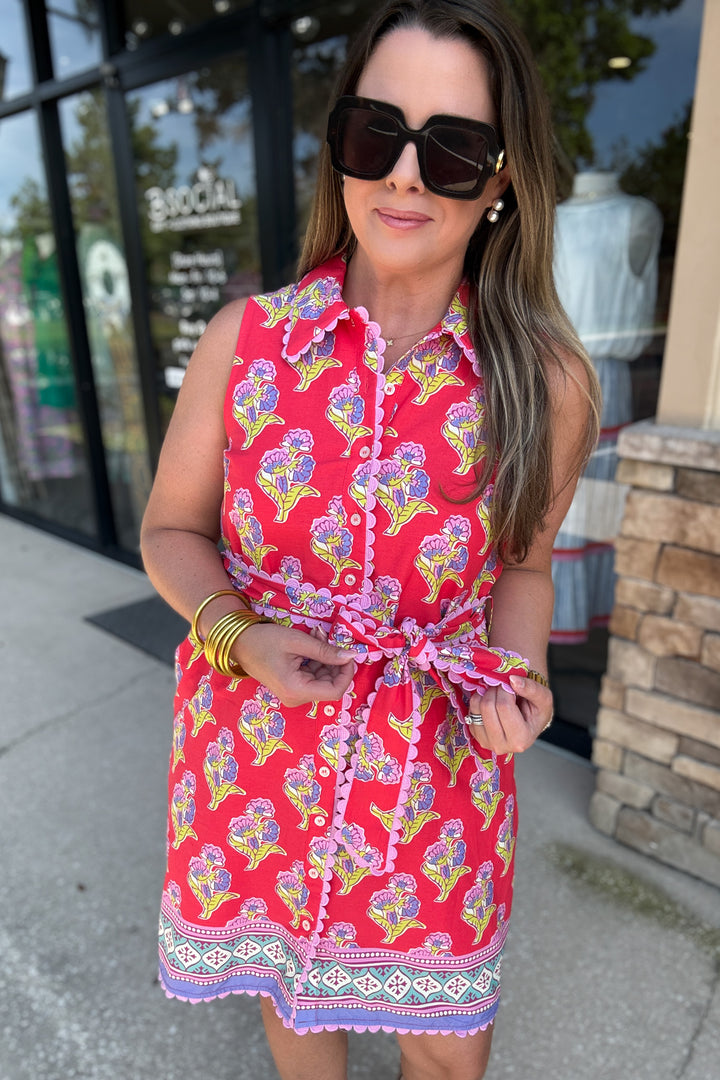 Sunset Bloom Shirt Dress - Red/Pink