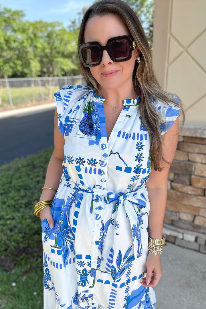 Postcard Button Front Midi Dress