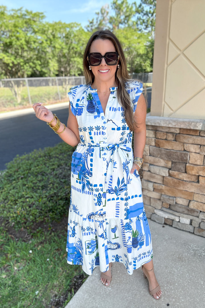 Postcard Button Front Midi Dress