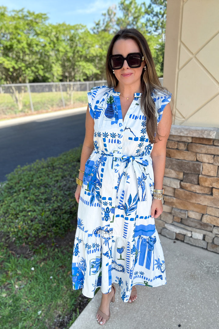 Postcard Button Front Midi Dress