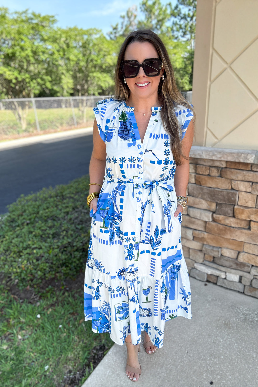 Postcard Button Front Midi Dress
