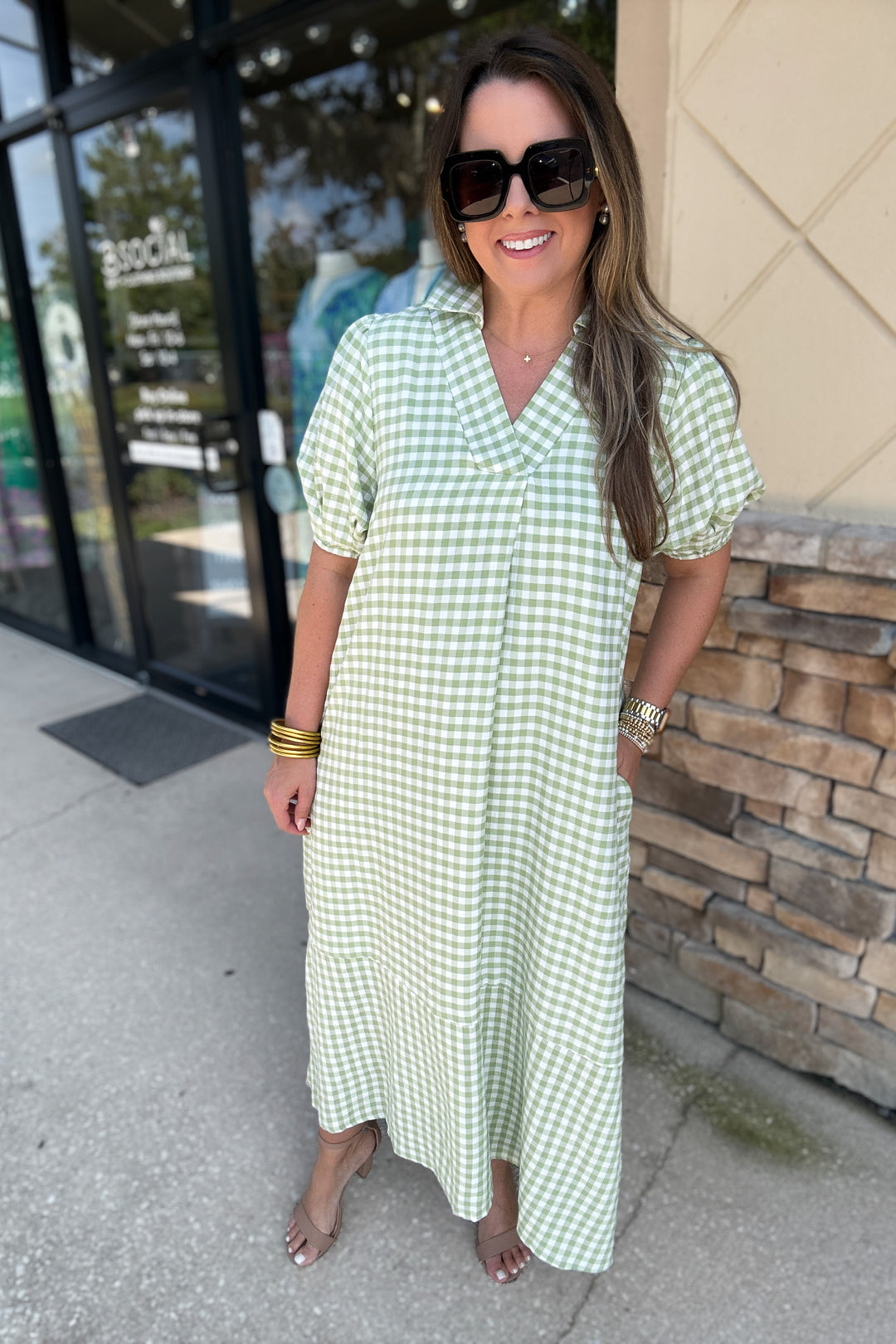 Gingham Midi Dress - Green
