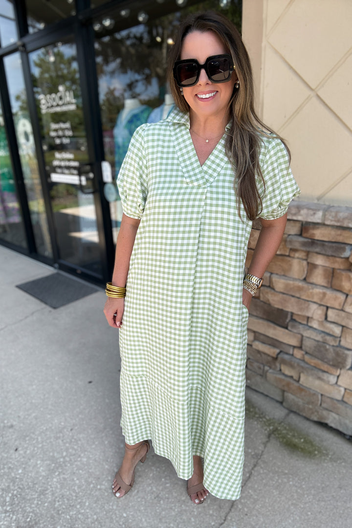 Gingham Midi Dress - Green