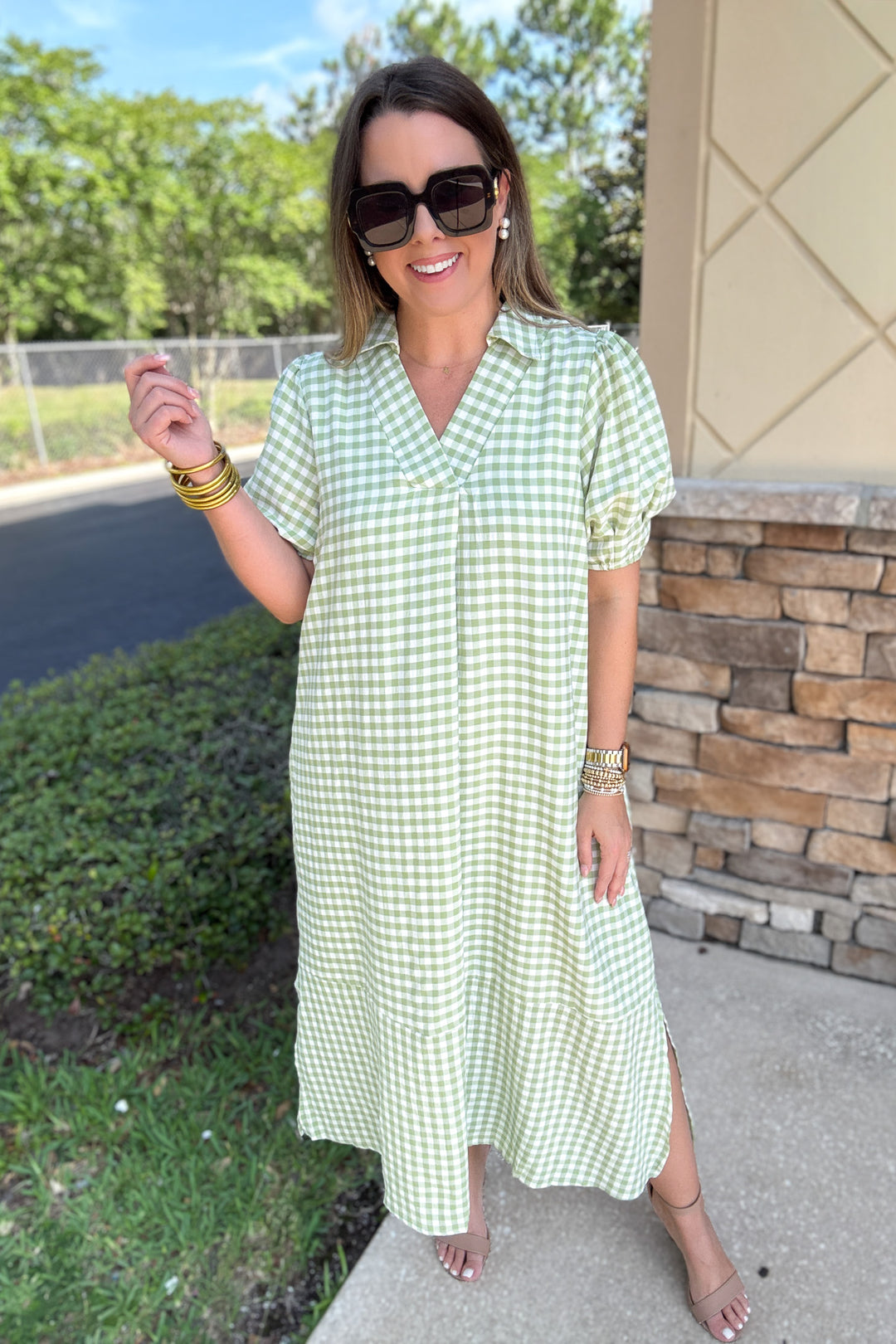 Gingham Midi Dress - Green