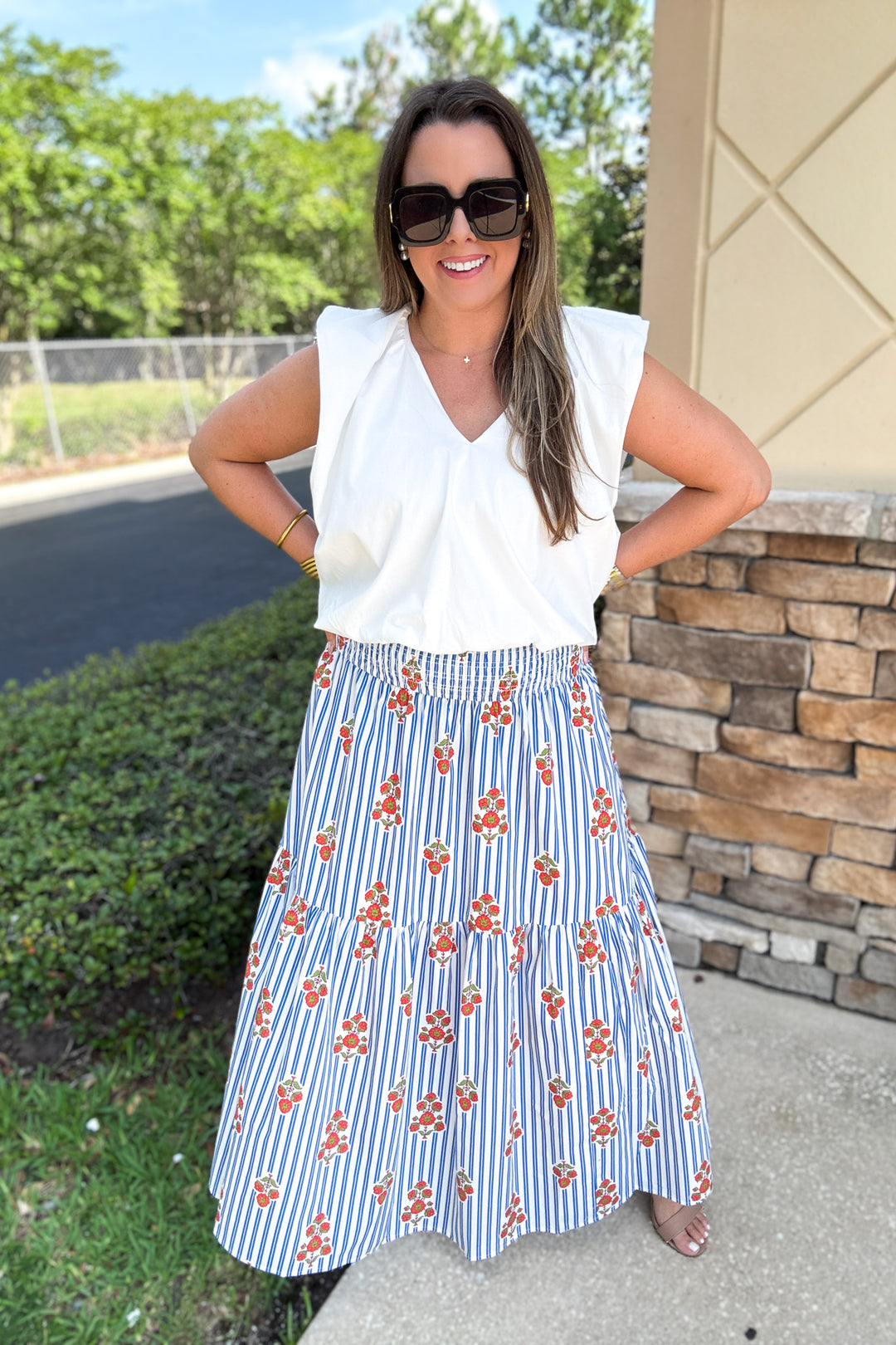 Karlie: Stripe Floral Smock Tier Maxi Skirt - Blue