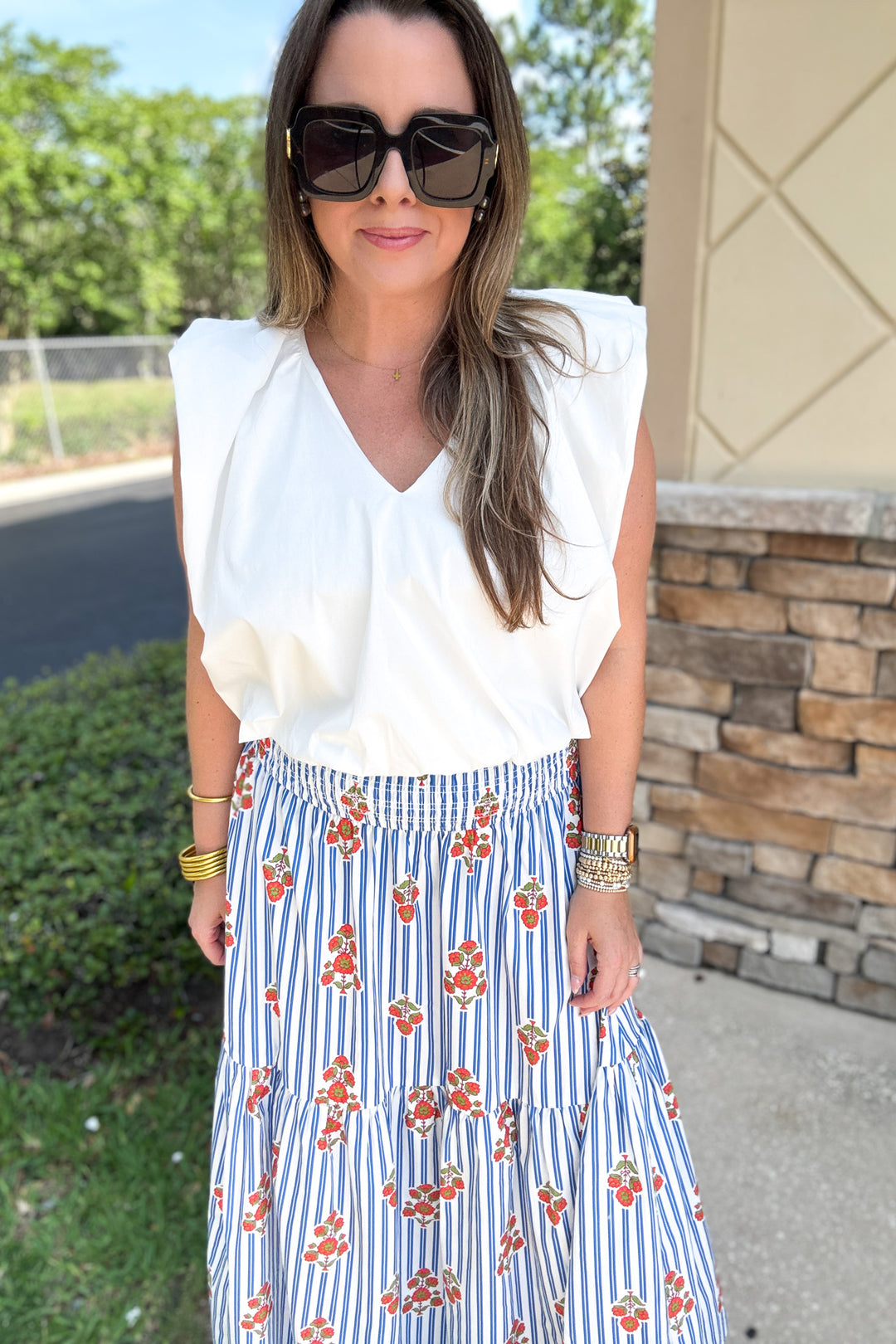 Karlie: Stripe Floral Smock Tier Maxi Skirt - Blue