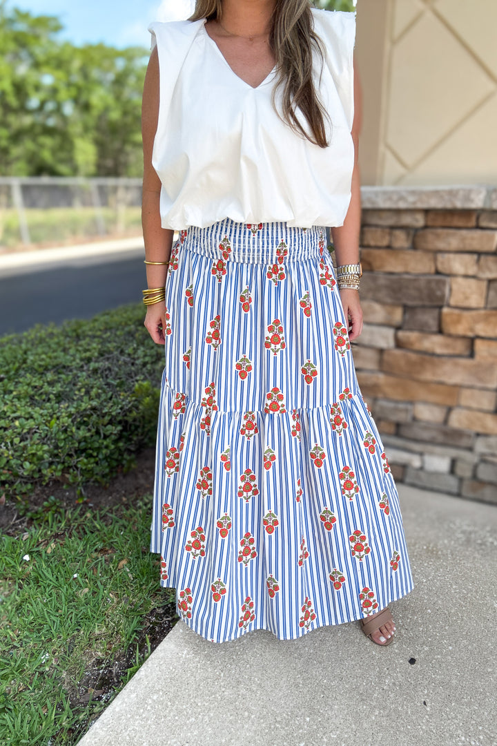 Karlie: Stripe Floral Smock Tier Maxi Skirt - Blue