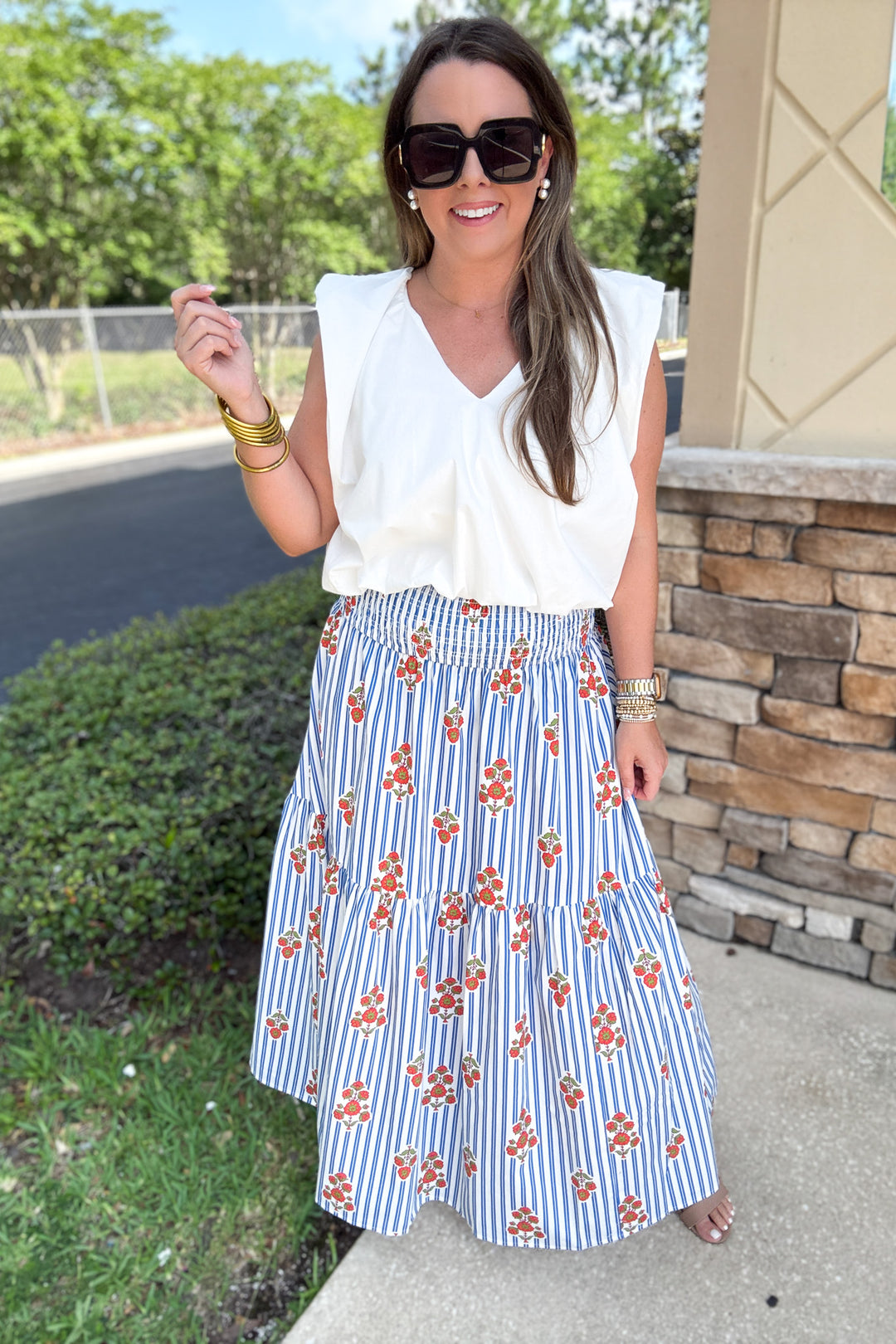 Karlie: Stripe Floral Smock Tier Maxi Skirt - Blue