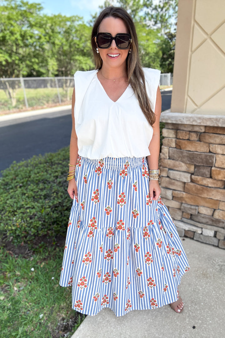 Karlie: Stripe Floral Smock Tier Maxi Skirt - Blue