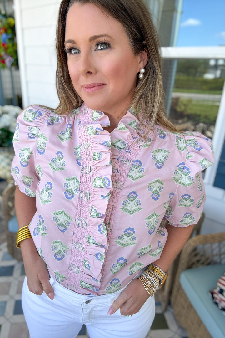 Karlie: French Floral Ruffle Front Puff Sleeve Top