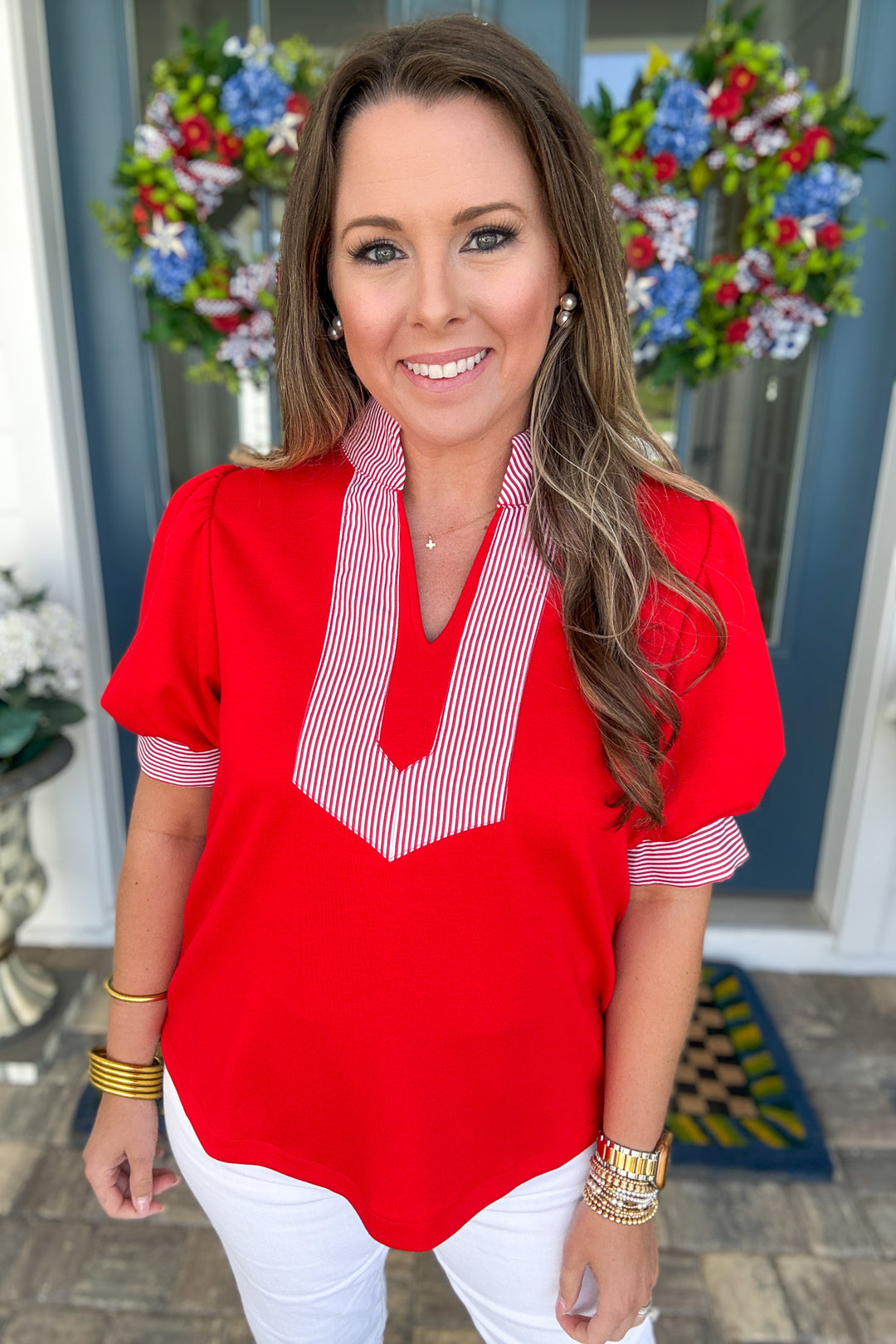 Red & White Striped Detail Top
