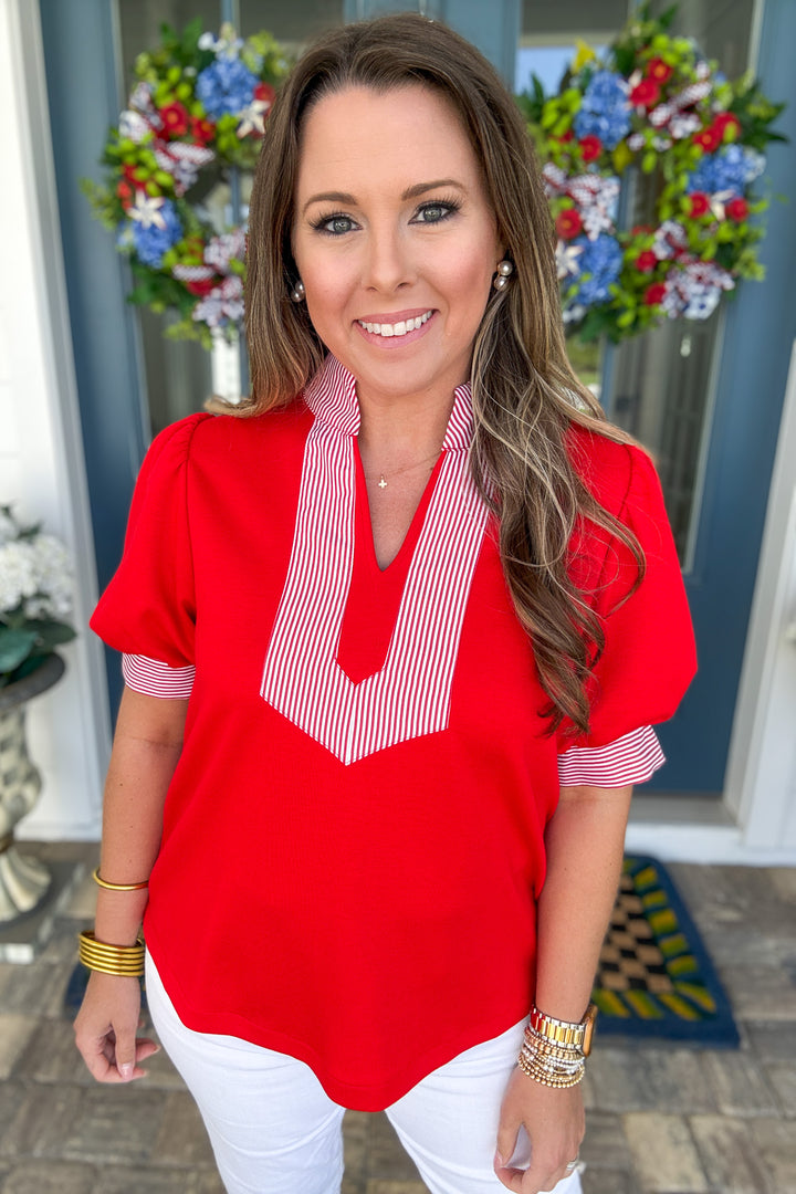 Red & White Striped Detail Top