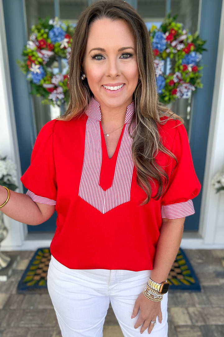 Red & White Striped Detail Top
