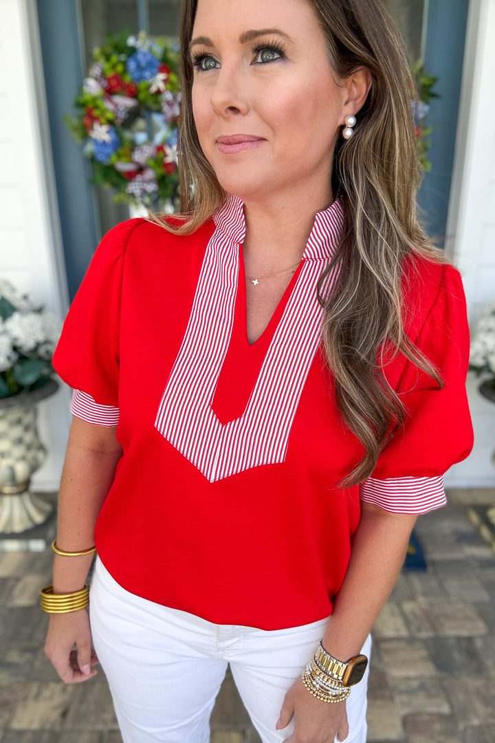 Red & White Striped Detail Top