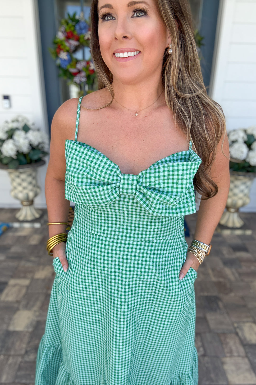 THML: Gingham Bow Midi Dress