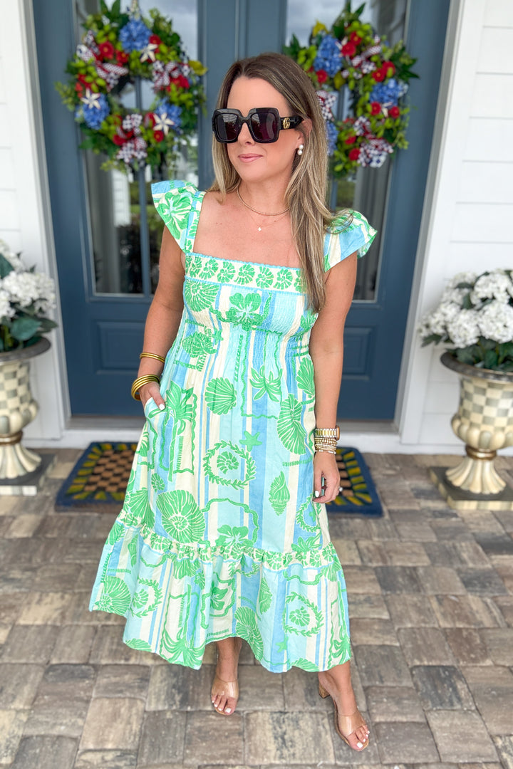 Karlie: Green Sea Shell Poplin Smock Maxi Dress