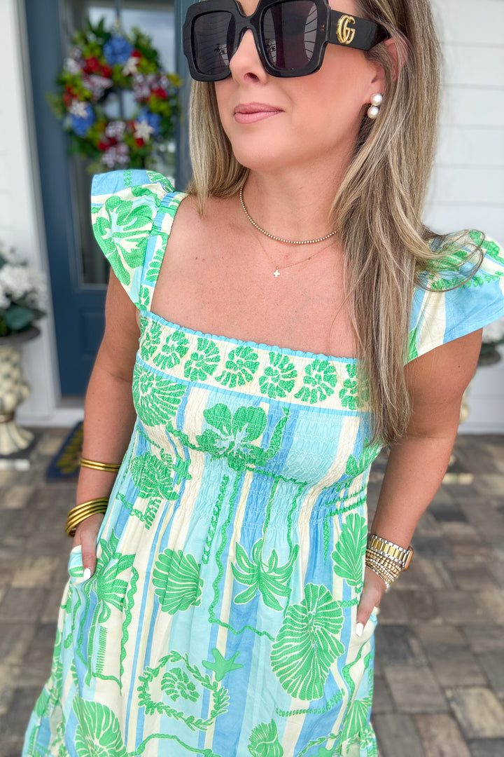 Karlie: Green Sea Shell Poplin Smock Maxi Dress