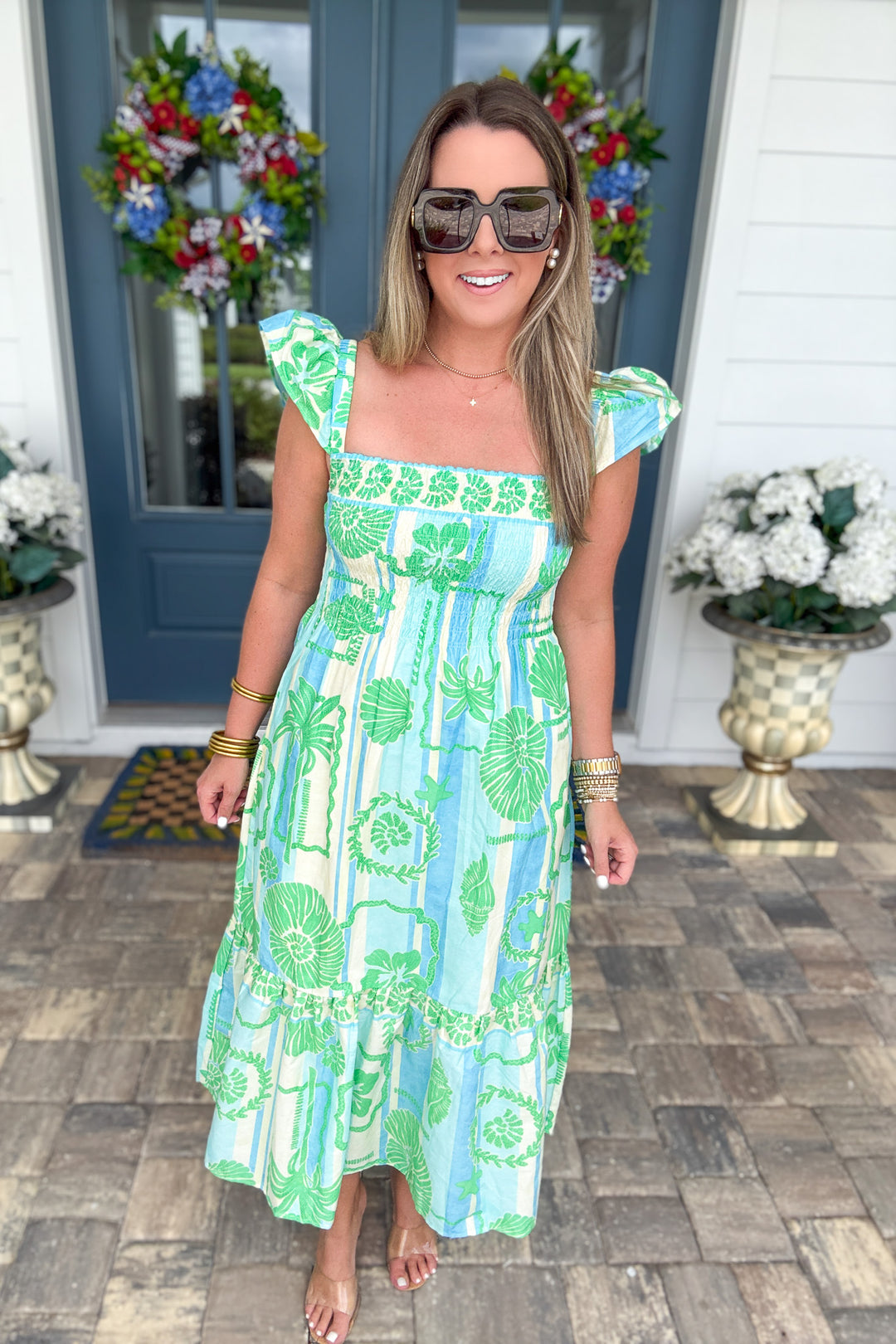 Karlie: Green Sea Shell Poplin Smock Maxi Dress – B Social Boutique