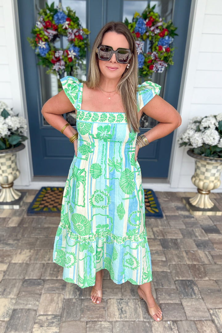 Karlie: Green Sea Shell Poplin Smock Maxi Dress