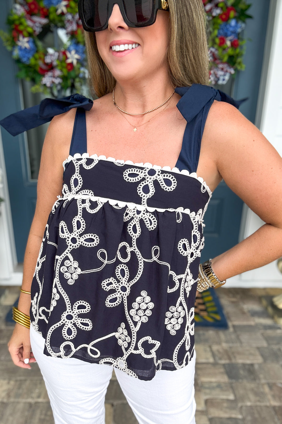 THML: Navy Tied Embroidered Bow Tank