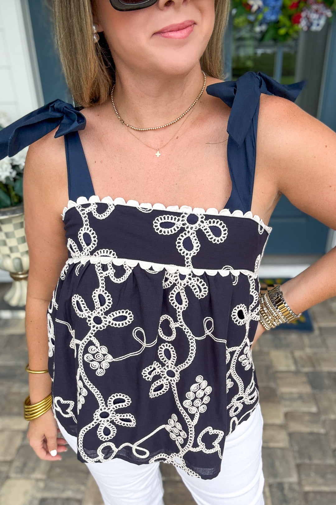 THML: Navy Tied Embroidered Bow Tank