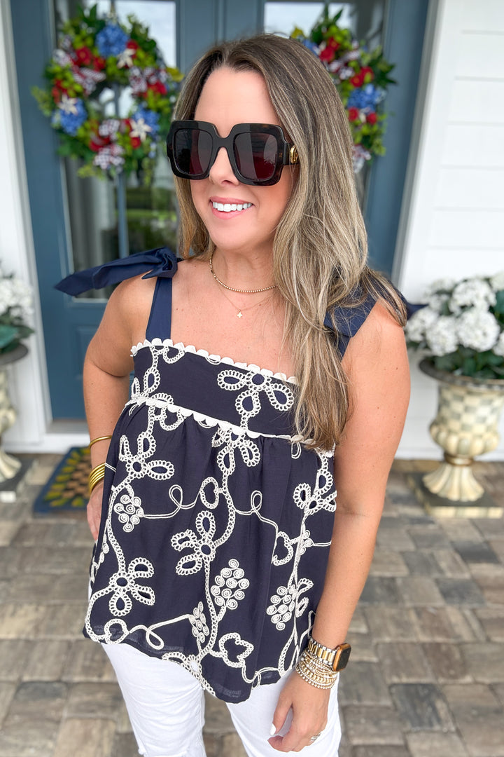THML: Navy Tied Embroidered Bow Tank