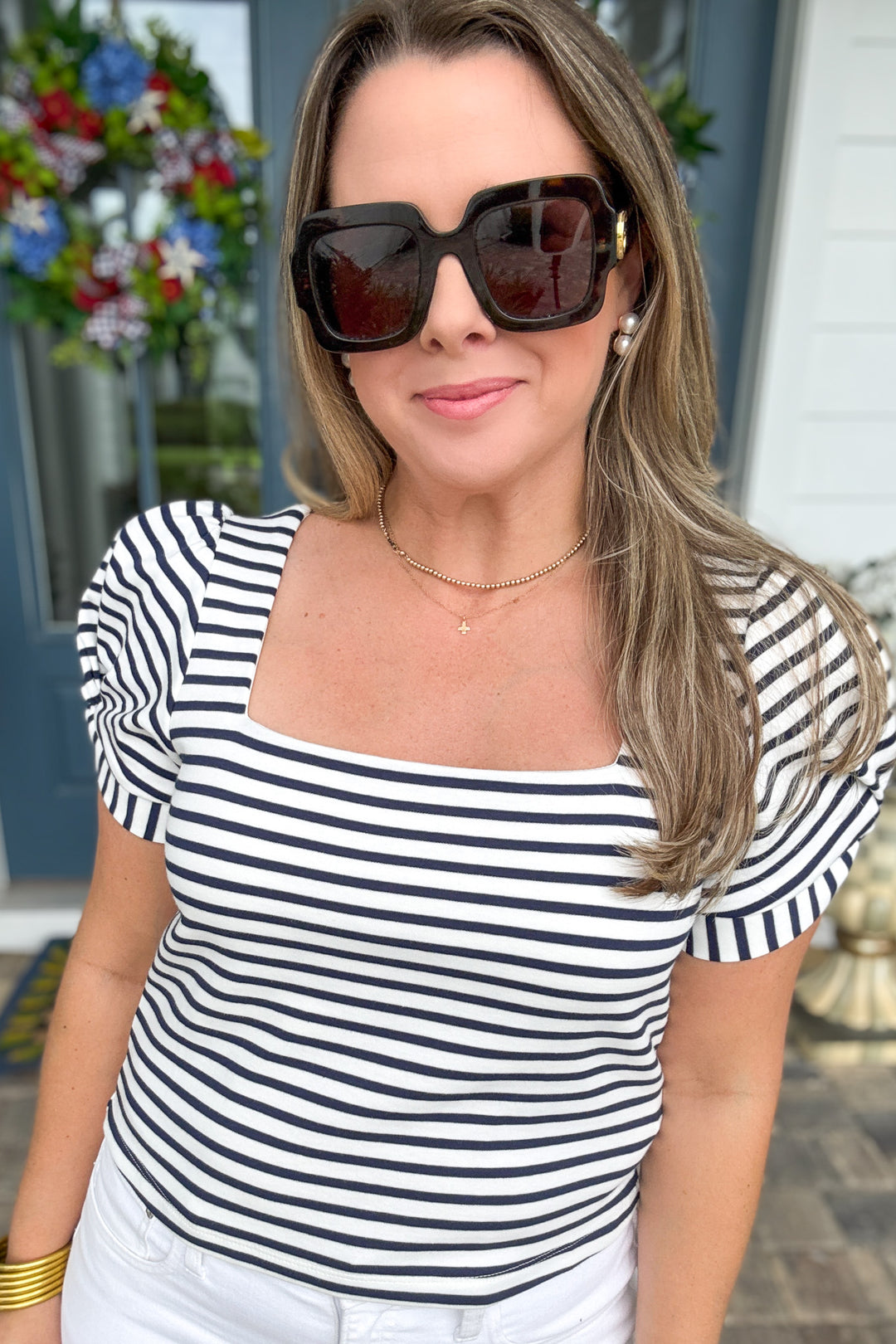 Harbor Stripe Puff Sleeve Top - Navy + White