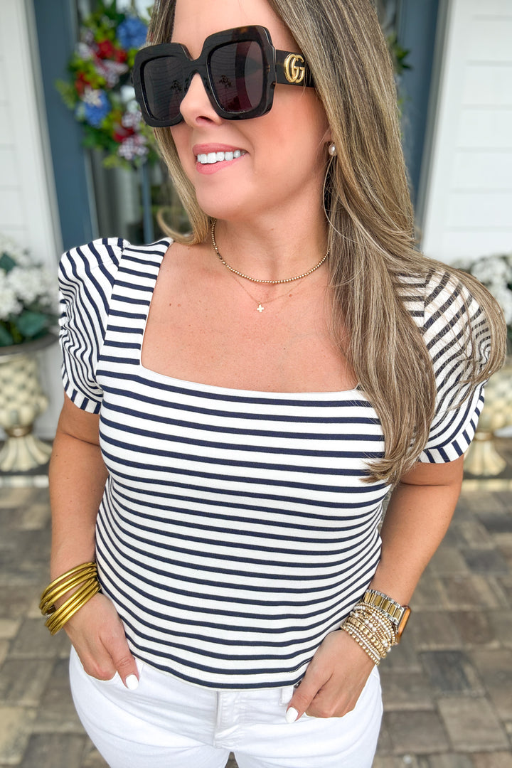 Harbor Stripe Puff Sleeve Top - Navy + White