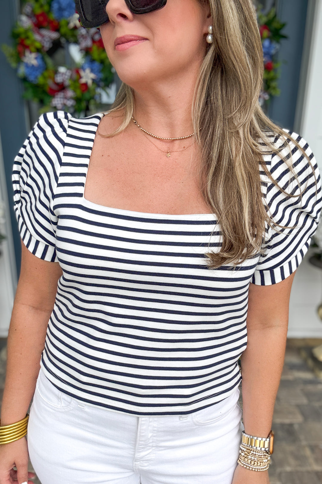 Harbor Stripe Puff Sleeve Top - Navy + White