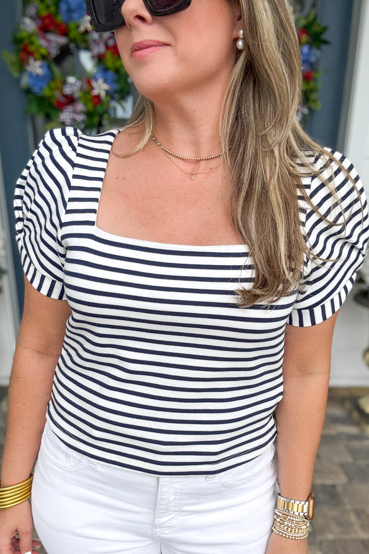 Harbor Stripe Puff Sleeve Top - Navy + White