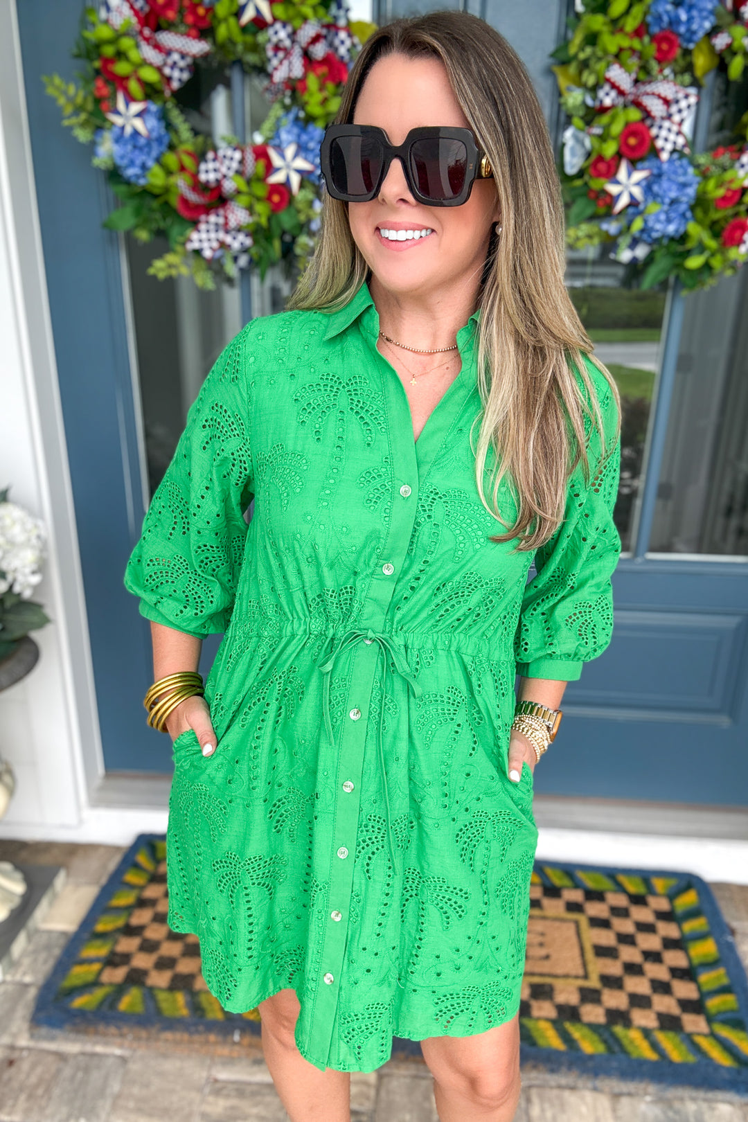 Eyelet Shirt Dress - Green
