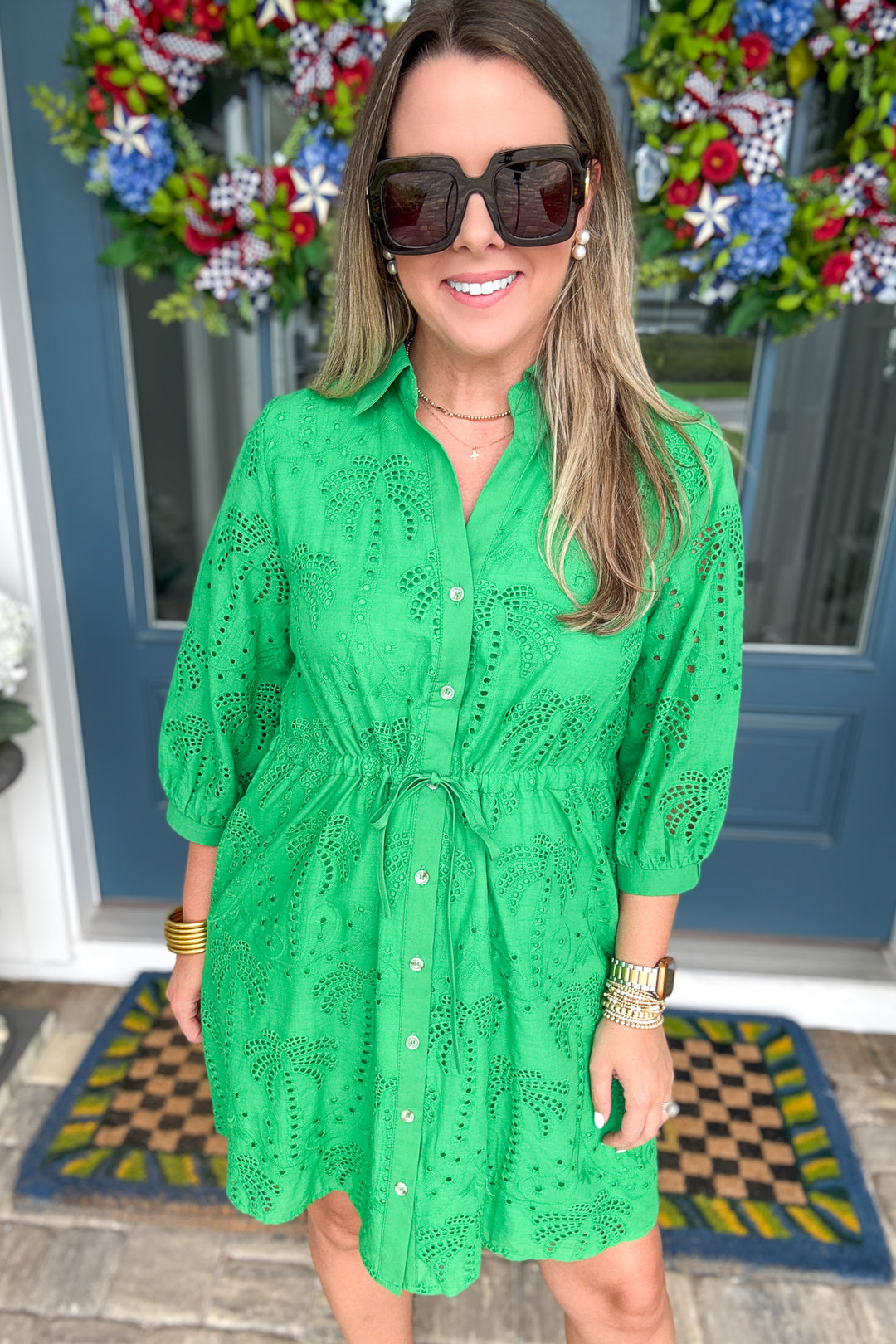 Eyelet Shirt Dress - Green
