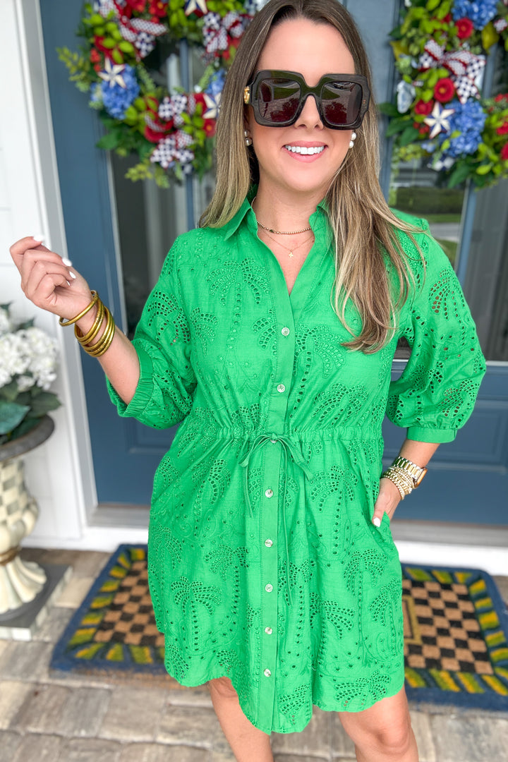 Eyelet Shirt Dress - Green