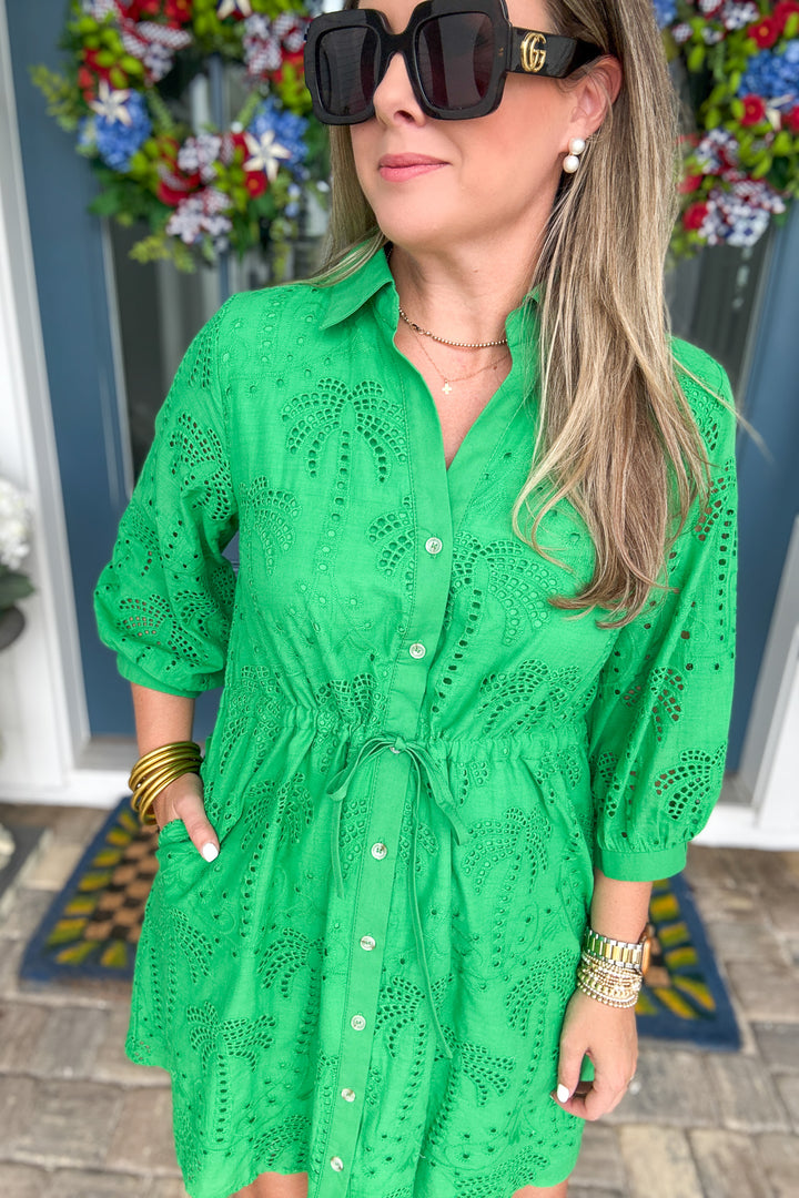 Eyelet Shirt Dress - Green
