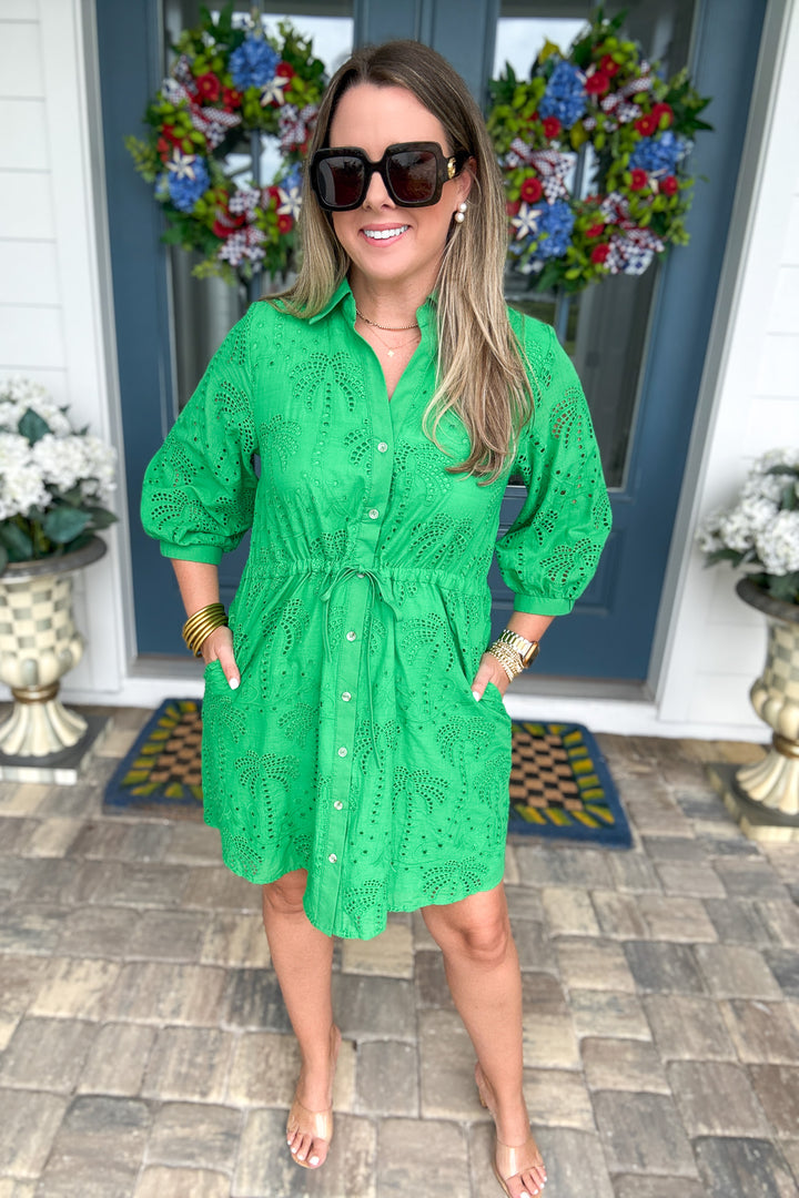 Eyelet Shirt Dress - Green