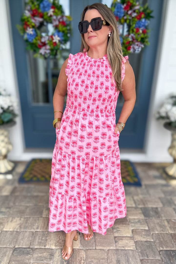 TCEC: Pink Smocked Floral Midi Dress