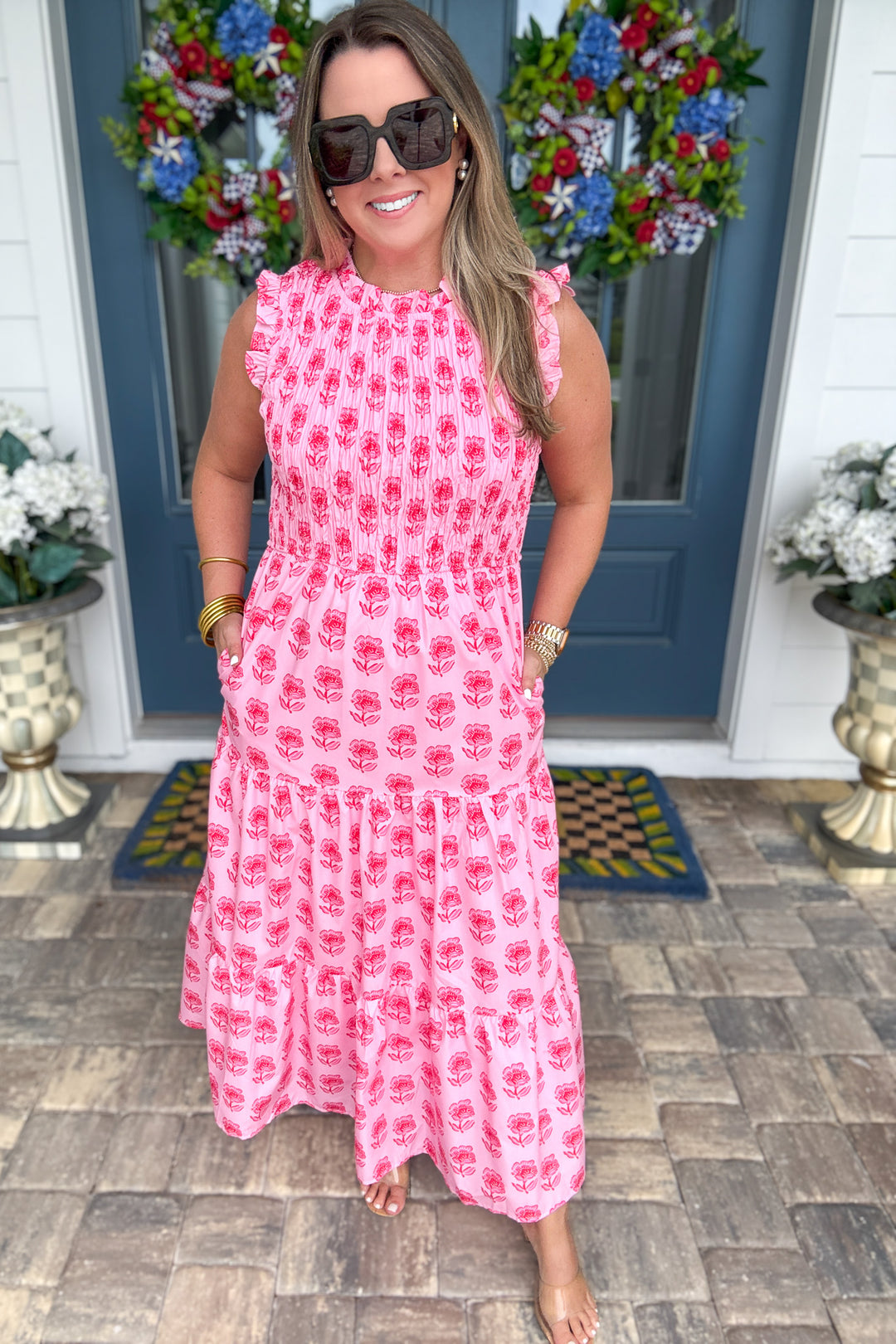 TCEC: Pink Smocked Floral Midi Dress