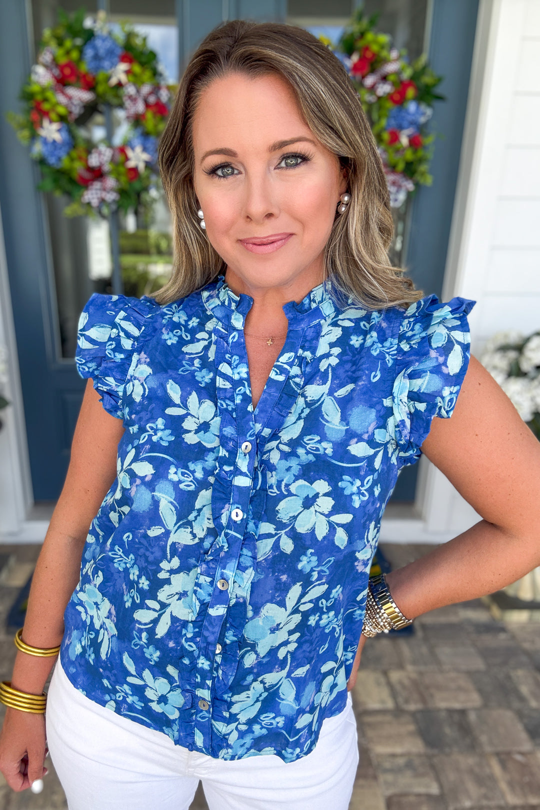 Blue Bloom Ruffle Top