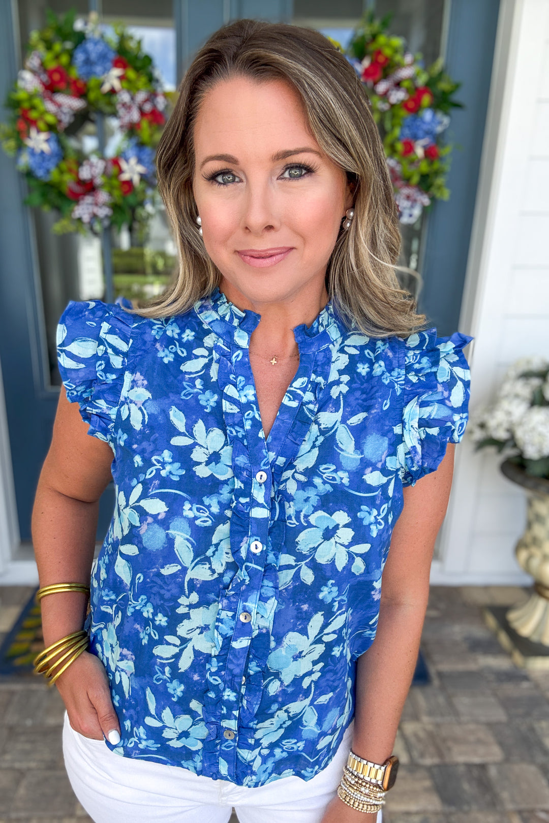 Blue Bloom Ruffle Top