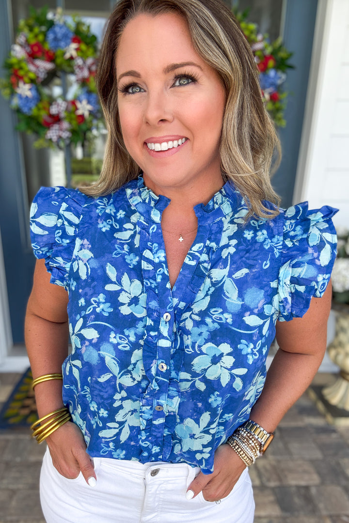 Blue Bloom Ruffle Top