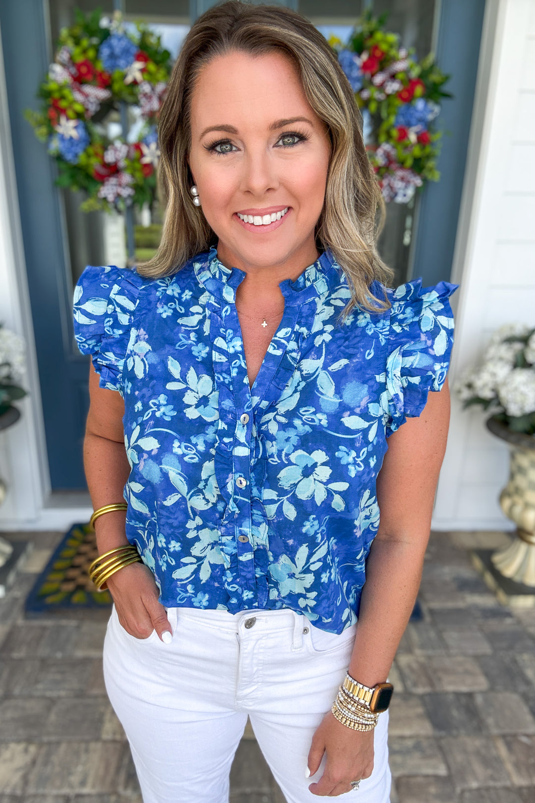 Blue Bloom Ruffle Top