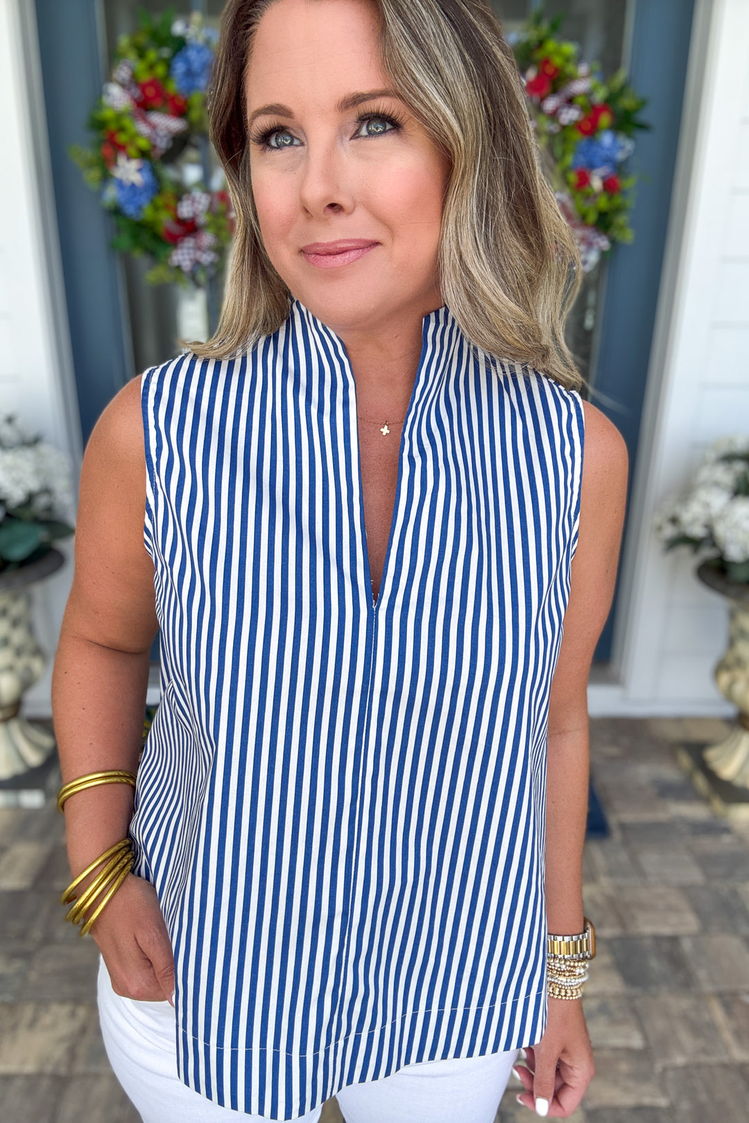 Harbor Stripe Sleeveless Top - Navy