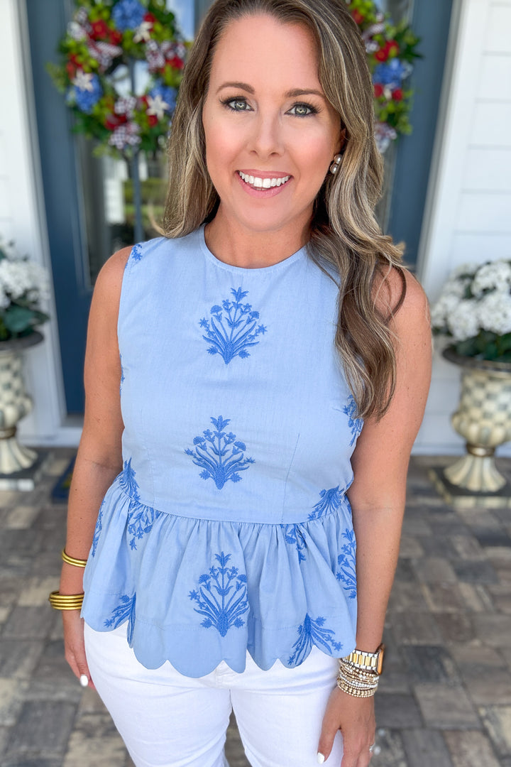 Sweet + Scalloped Embroidered Tank - Blue