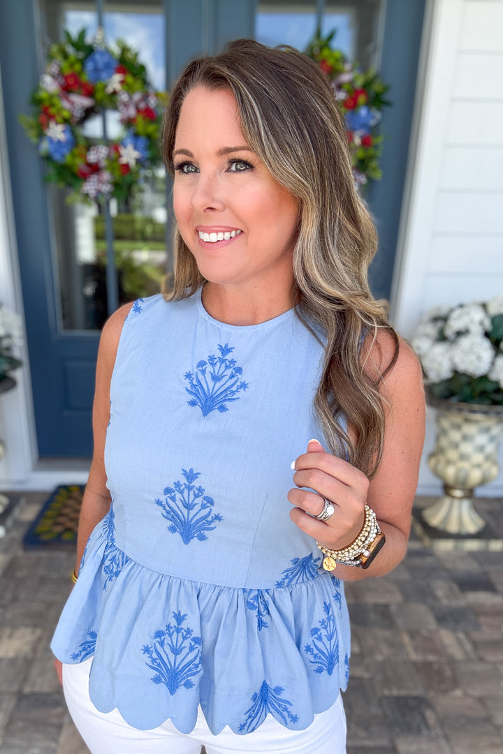 Sweet + Scalloped Embroidered Tank - Blue