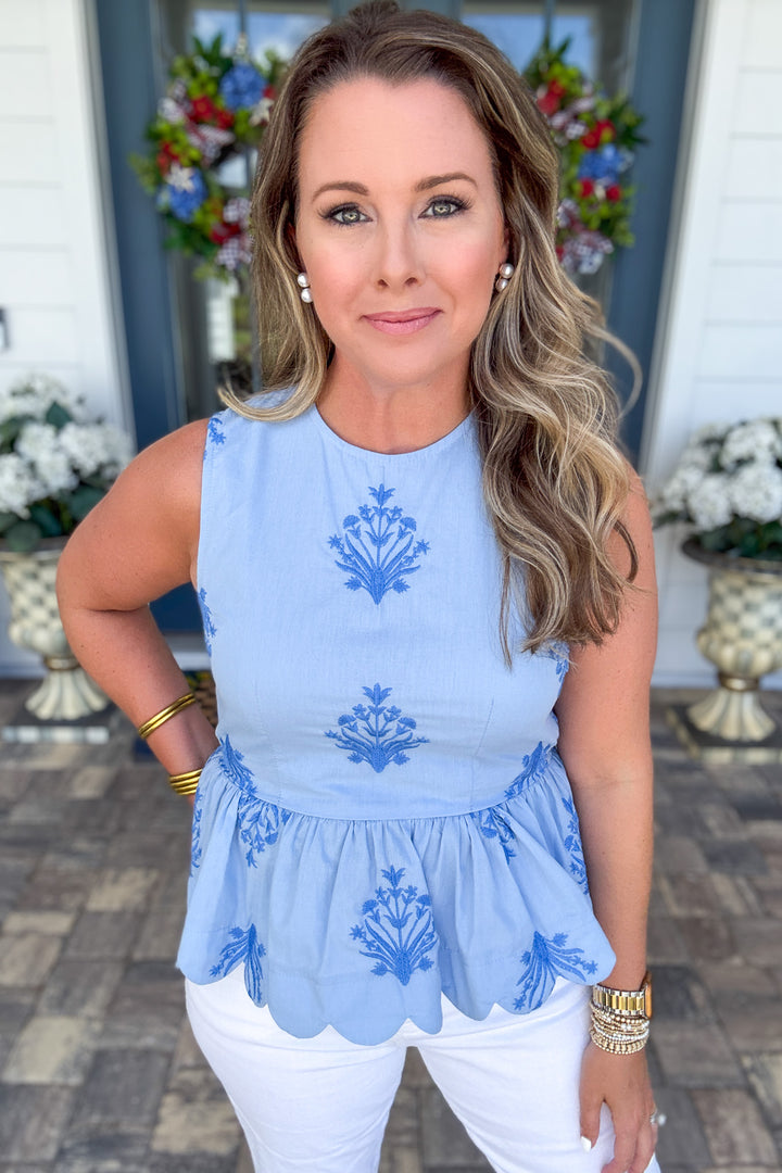 Sweet + Scalloped Embroidered Tank - Blue